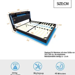 Lit avec rangement 140x200 cm - Lit double capitonné avec éclairage LED - lin + Métal - Sans matelas - Gris><noscript><img width=