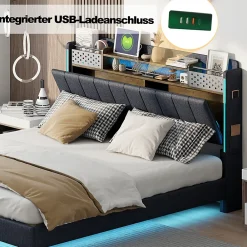 Lit avec rangement 140x200 cm - Lit double capitonné avec éclairage LED - lin + Métal - Sans matelas - Gris><noscript><img width=