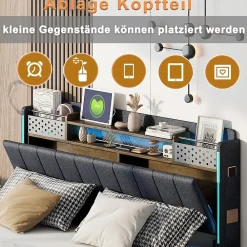 Lit avec rangement 140x200 cm - Lit double capitonné avec éclairage LED - lin + Métal - Sans matelas - Gris><noscript><img width=