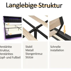 Lit avec rangement 140x200 cm - Lit double capitonné avec éclairage LED - lin + Métal - Sans matelas - Gris><noscript><img width=