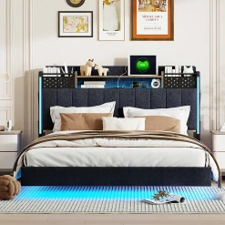 Lit avec rangement 140x200 cm - Lit double capitonné avec éclairage LED - lin + Métal - Sans matelas - Gris><noscript><img width=