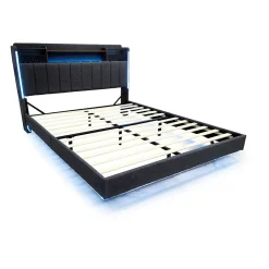 Lit avec rangement 140x200 cm - Lit double capitonné avec éclairage LED - lin + Métal - Sans matelas - Gris><noscript><img width=