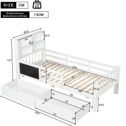Lit avec rangement 90x200 cm - Lit enfant simple avec 2 tiroirs et table, structure en bois massif et MDF - Blanc - Sans matelas><noscript><img width=