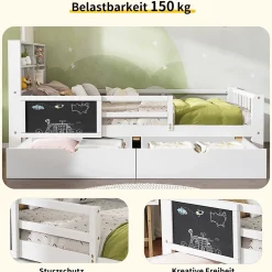 Lit avec rangement 90x200 cm - Lit enfant simple avec 2 tiroirs et table, structure en bois massif et MDF - Blanc - Sans matelas><noscript><img width=