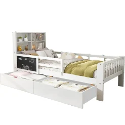 Lit avec rangement 90x200 cm - Lit enfant simple avec 2 tiroirs et table, structure en bois massif et MDF - Blanc - Sans matelas><noscript><img width=