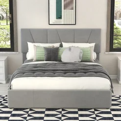Lit avec rangement 140x200 cm - Lit rembourré avec tête de lit réglable et 4 tiroirs - Bois de pin + Velours - Sans matelas - Gris>Okwish Hot