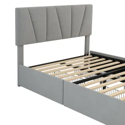 Lit avec rangement 140x200 cm - Lit rembourré avec tête de lit réglable et 4 tiroirs - Bois de pin + Velours - Sans matelas - Gris><noscript><img width=