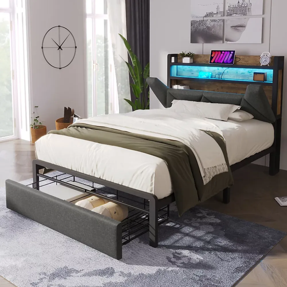 Okwish Lit avec rangement 90x200 cm - Lit simple rembourré avec tiroirs et fonction de chargement USB - Lin - Sans Matelas - Gris* Lit Avec Rangement