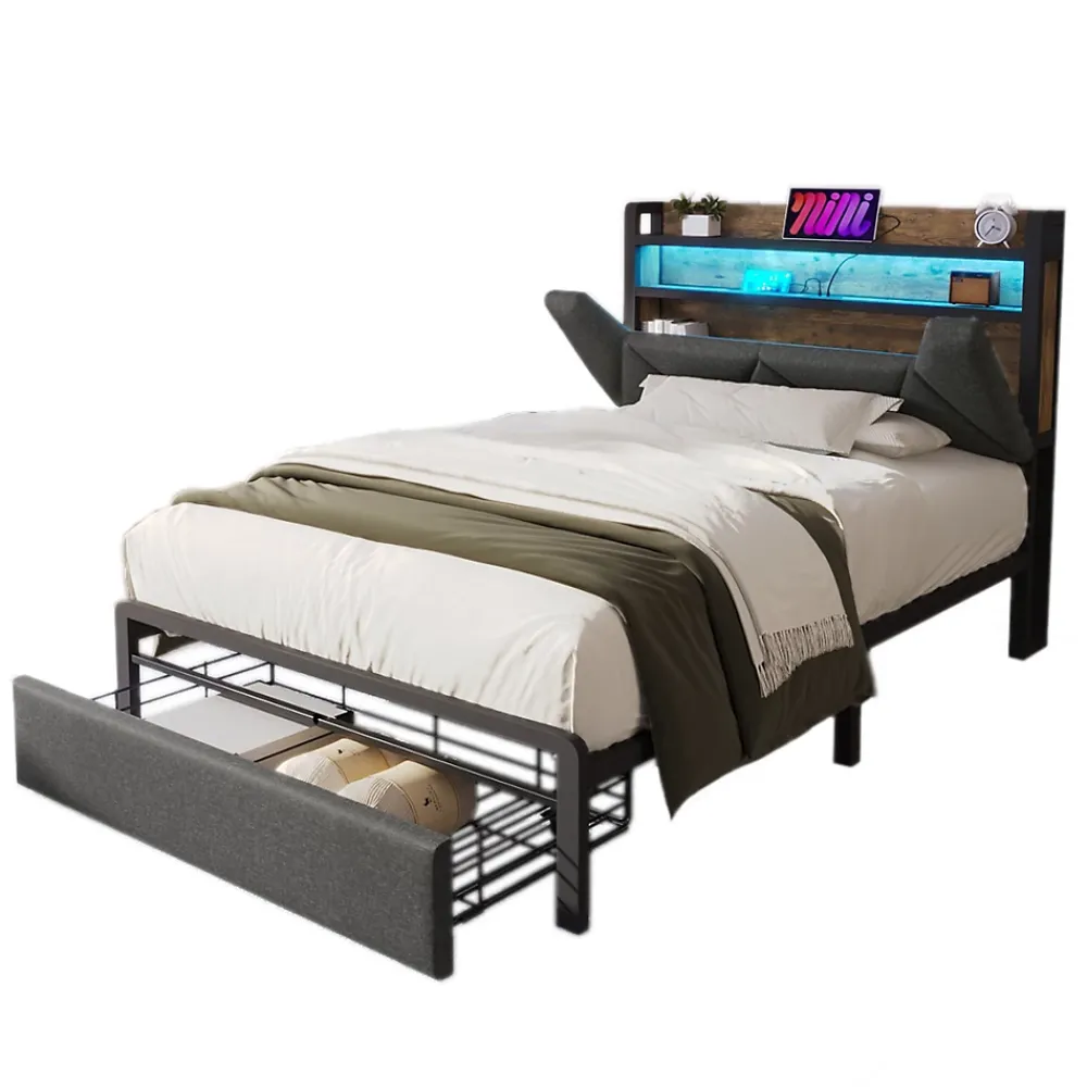 Okwish Lit avec rangement 90x200 cm - Lit simple rembourré avec tiroirs et fonction de chargement USB - Lin - Sans Matelas - Gris* Lit Avec Rangement