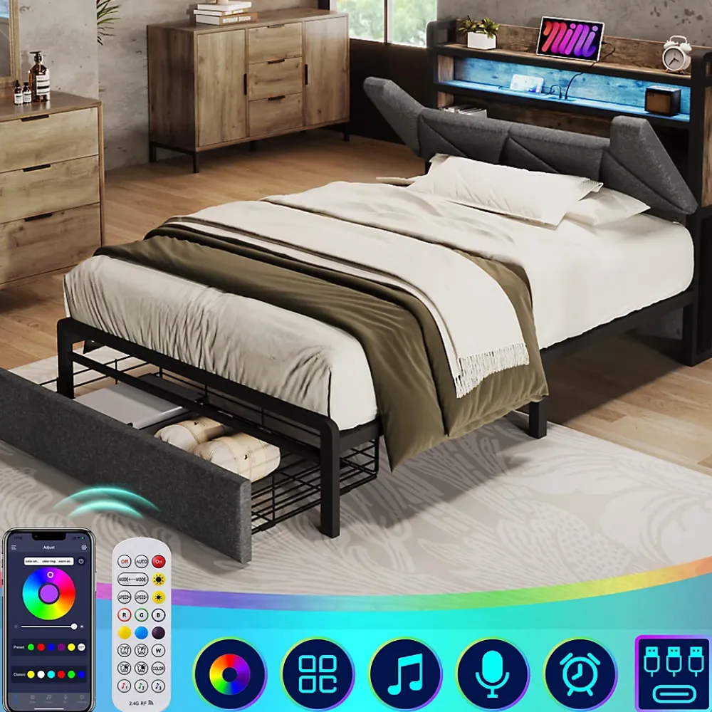 Okwish Lit avec rangement 90x200 cm - Lit simple rembourré avec tiroirs et fonction de chargement USB - Lin - Sans Matelas - Gris* Lit Avec Rangement