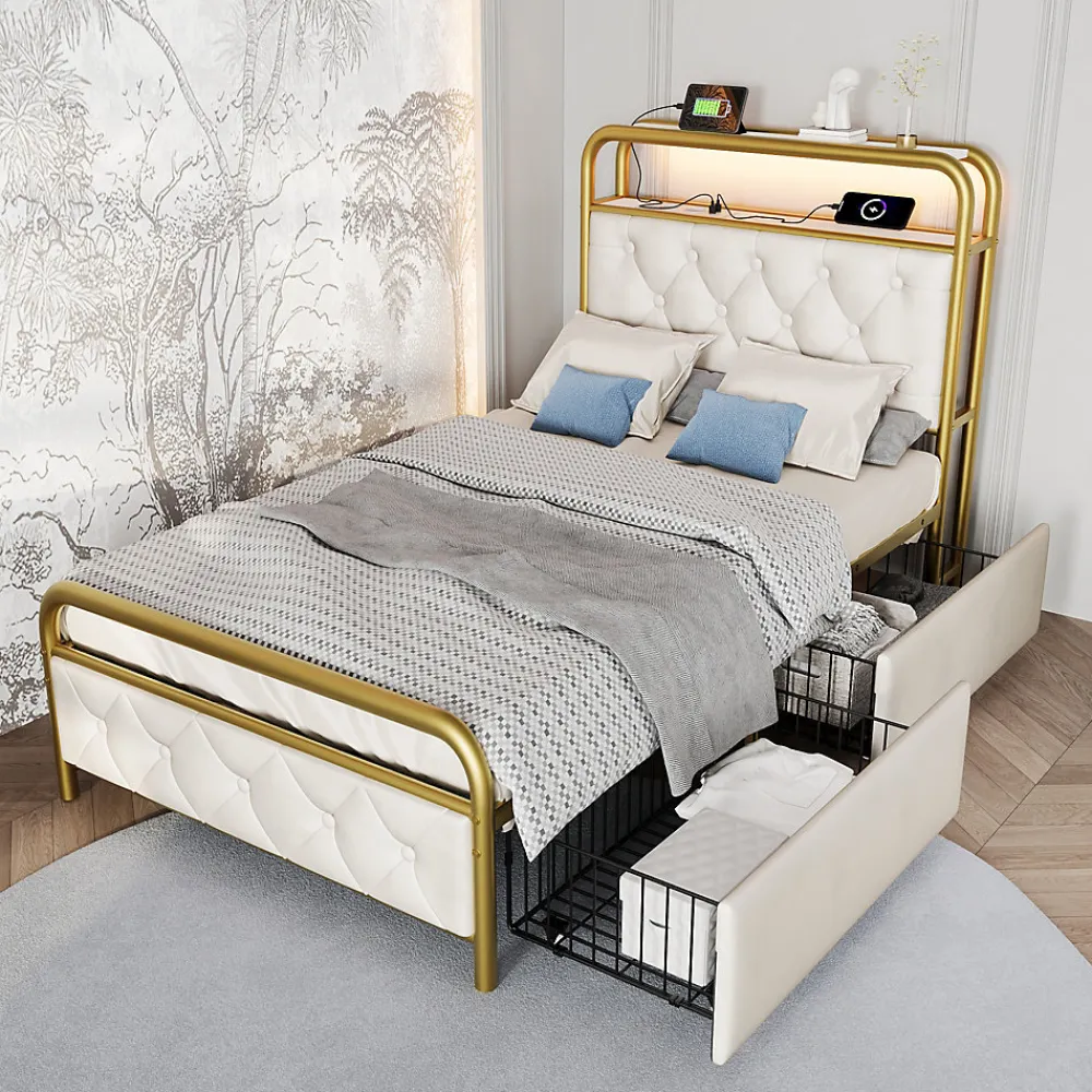 Lit avec Rangement 90x200 cm - Lit Simple Capitonné avec 2 Tiroirs, Ports USB et LED, Matelas Inclus, Velours, Blanc>Okwish Best