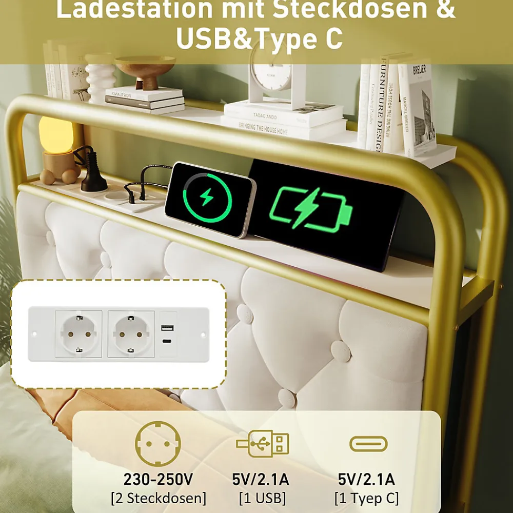 Lit avec Rangement 90x200 cm - Lit Simple Capitonné avec 2 Tiroirs, Ports USB et LED, Matelas Inclus, Velours, Blanc>Okwish Best