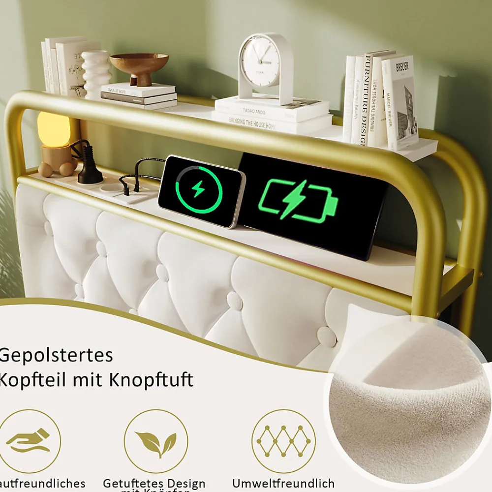 Lit avec Rangement 90x200 cm - Lit Simple Capitonné avec 2 Tiroirs, Ports USB et LED, Matelas Inclus, Velours, Blanc>Okwish Best