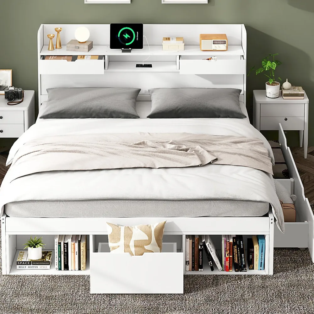 Lit avec Rangement 160x200 cm - Lit Double avec USB et Tiroirs, Armoire Intégrée - Sans Matelas - Bois Blanc>Okwish
