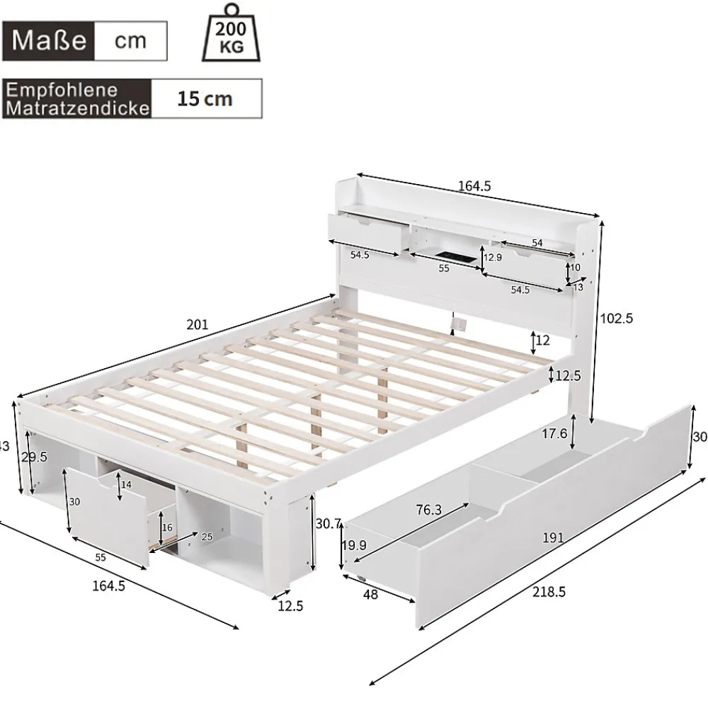 Lit avec Rangement 160x200 cm - Lit Double avec USB et Tiroirs, Armoire Intégrée - Sans Matelas - Bois Blanc>Okwish