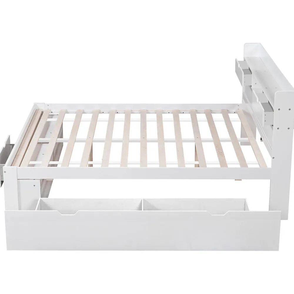 Lit avec Rangement 160x200 cm - Lit Double avec USB et Tiroirs, Armoire Intégrée - Sans Matelas - Bois Blanc>Okwish