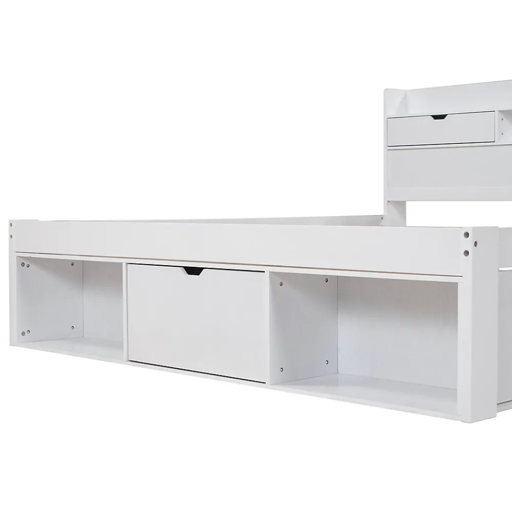 Lit avec Rangement 160x200 cm - Lit Double avec USB et Tiroirs, Armoire Intégrée - Sans Matelas - Bois Blanc>Okwish