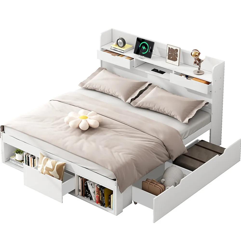 Lit avec Rangement 160x200 cm - Lit Double avec USB et Tiroirs, Armoire Intégrée - Sans Matelas - Bois Blanc>Okwish