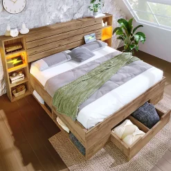 Okwish Lit avec rangement 160x200 cm - Lit double avec éclairage LED et USB - Bois massif + MDF - Sans Matelas - Chêne* Ensemble Sommier Et Matelas