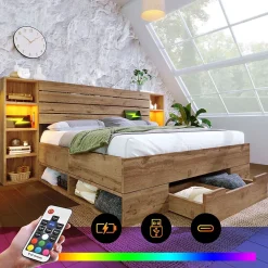 Okwish Lit avec rangement 160x200 cm - Lit double avec éclairage LED et USB - Bois massif + MDF - Sans Matelas - Chêne* Ensemble Sommier Et Matelas
