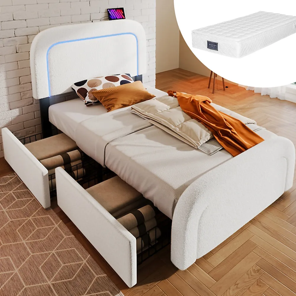 Lit avec rangement 90x200 cm - Lit simple capitonné avec tiroirs, USB Type-C et LED - Sherpa - Matelas Inclus - Blanc>Okwish Best