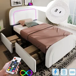 Lit avec rangement 90x200 cm - Lit simple capitonné avec tiroirs, USB Type-C et LED - Sherpa - Matelas Inclus - Blanc>Okwish Best