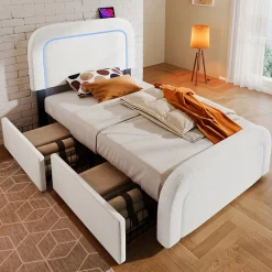 Lit avec rangement 90x200 cm - Lit simple capitonné avec tiroirs, USB Type-C et LED - Sherpa - Matelas Inclus - Blanc><noscript><img width=