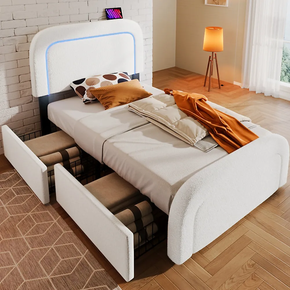 Lit avec rangement 90x200 cm - Lit simple capitonné avec tiroirs, USB Type-C et LED - Sherpa - Matelas Inclus - Blanc>Okwish Best