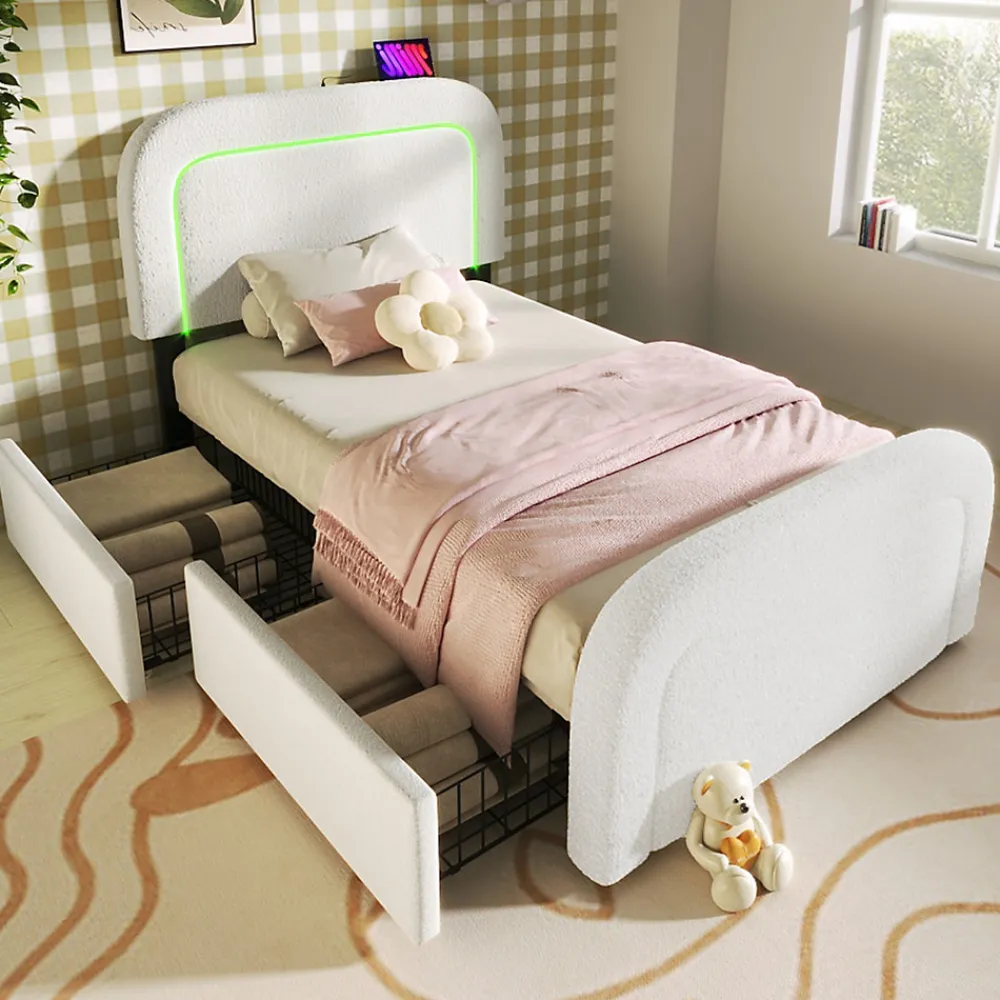 Lit avec rangement 90x200 cm - Lit simple capitonné avec tiroirs, USB Type-C et LED - Sherpa - Matelas Inclus - Blanc>Okwish Best