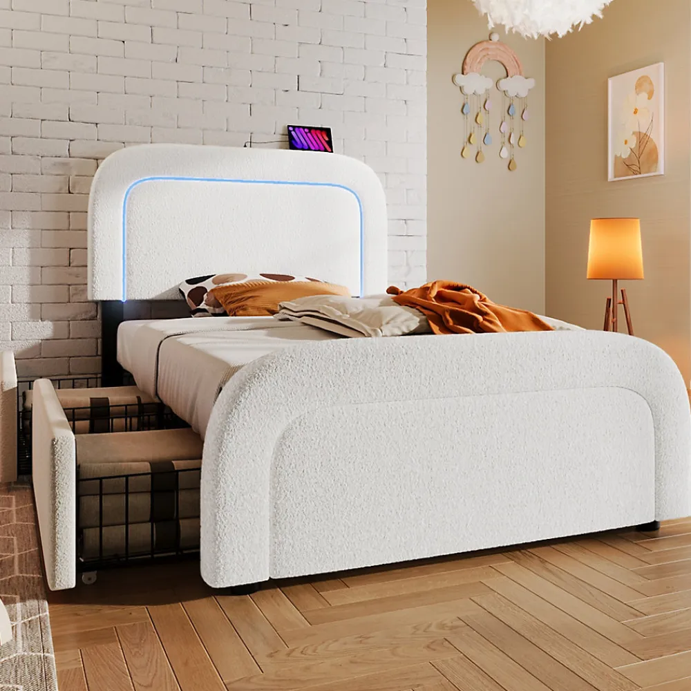 Lit avec rangement 90x200 cm - Lit simple capitonné avec tiroirs, USB Type-C et LED - Sherpa - Matelas Inclus - Blanc>Okwish Best