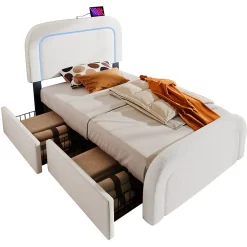 Lit avec rangement 90x200 cm - Lit simple capitonné avec tiroirs, USB Type-C et LED - Sherpa - Matelas Inclus - Blanc><noscript><img width=