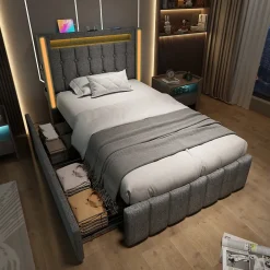 Lit avec rangement 90x200 cm capitonné avec ports USB-C et LED, 2 tiroirs intégrés, tissu lin gris, sans matelas>Generique Discount