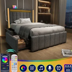 Lit avec rangement 90x200 cm capitonné avec ports USB-C et LED, 2 tiroirs intégrés, tissu lin gris, sans matelas><noscript><img width=