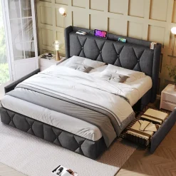 Okwish Lit avec rangement 160x200 cm double capitonné avec 4 tiroirs et ports USB, structure lin et bois robuste, gris, sans matelas* Lit Avec Rangement