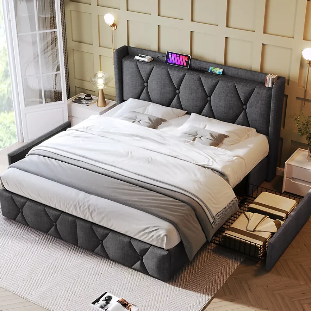 Okwish Lit avec rangement 160x200 cm double capitonné avec 4 tiroirs et ports USB, structure lin et bois robuste, gris, sans matelas* Lit Avec Rangement