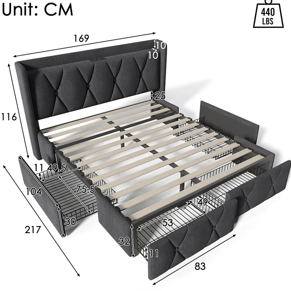 Okwish Lit avec rangement 160x200 cm double capitonné avec 4 tiroirs et ports USB, structure lin et bois robuste, gris, sans matelas* Lit Avec Rangement