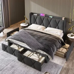Okwish Lit avec rangement 160x200 cm double capitonné avec 4 tiroirs et ports USB, structure lin et bois robuste, gris, sans matelas* Lit Avec Rangement