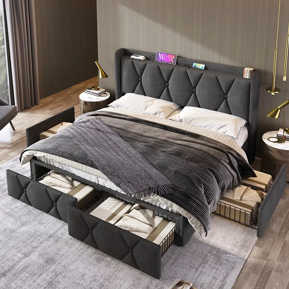 Okwish Lit avec rangement 160x200 cm double capitonné avec 4 tiroirs et ports USB, structure lin et bois robuste, gris, sans matelas* Lit Avec Rangement