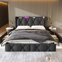Okwish Lit avec rangement 160x200 cm double capitonné avec 4 tiroirs et ports USB, structure lin et bois robuste, gris, sans matelas* Lit Avec Rangement
