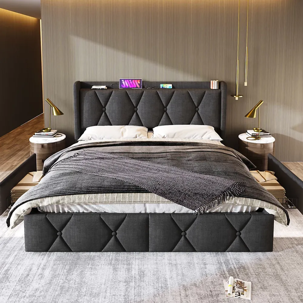 Okwish Lit avec rangement 160x200 cm double capitonné avec 4 tiroirs et ports USB, structure lin et bois robuste, gris, sans matelas* Lit Avec Rangement