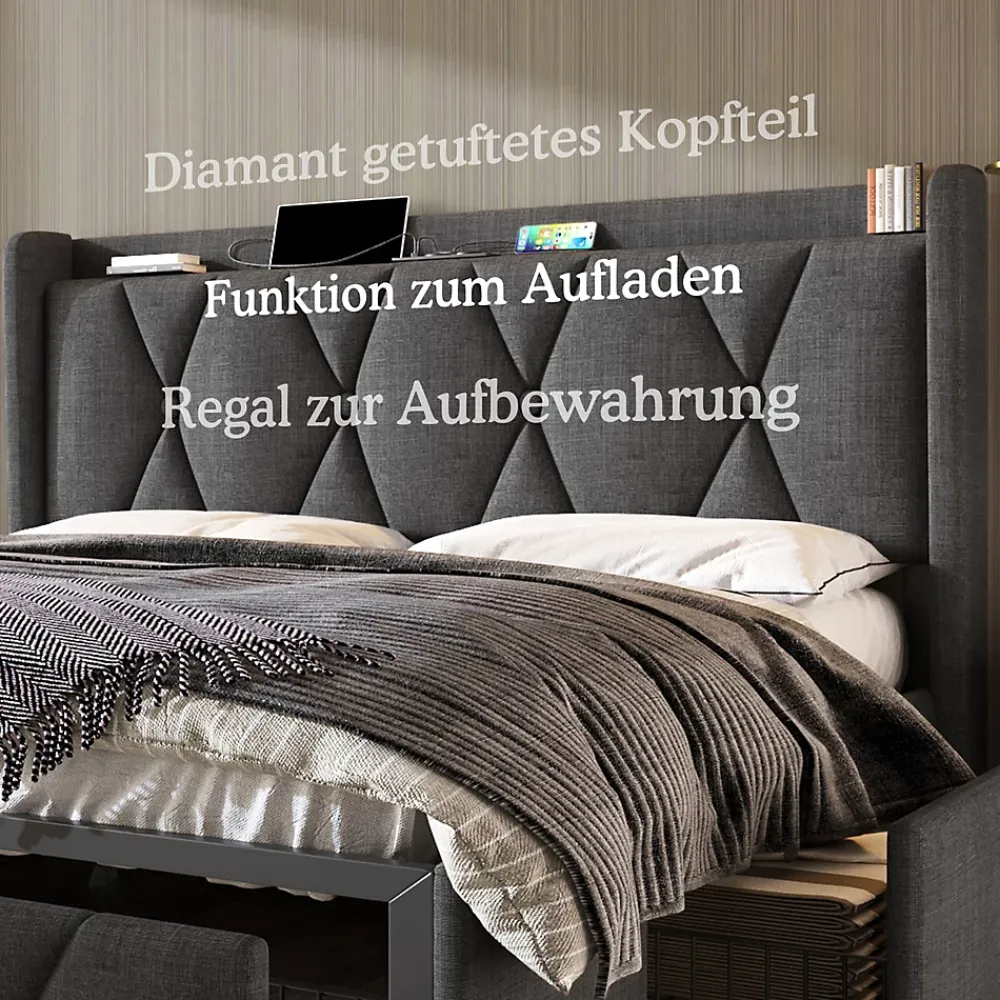 Okwish Lit avec rangement 160x200 cm double capitonné avec 4 tiroirs et ports USB, structure lin et bois robuste, gris, sans matelas* Lit Avec Rangement
