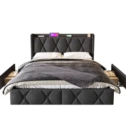 Okwish Lit avec rangement 160x200 cm double capitonné avec 4 tiroirs et ports USB, structure lin et bois robuste, gris, sans matelas* Lit Avec Rangement