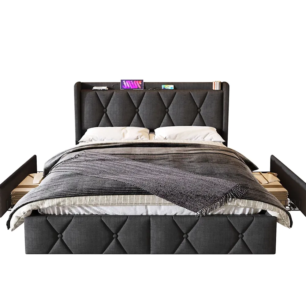 Okwish Lit avec rangement 160x200 cm double capitonné avec 4 tiroirs et ports USB, structure lin et bois robuste, gris, sans matelas* Lit Avec Rangement