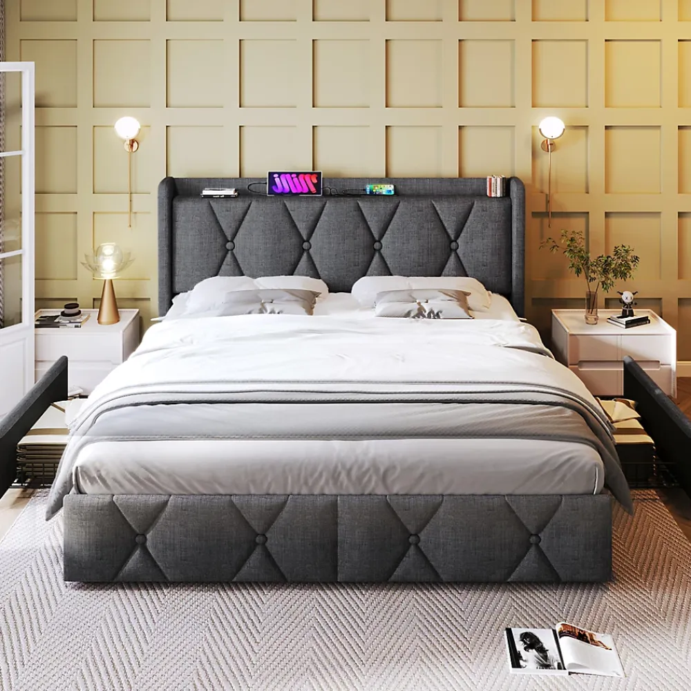 Okwish Lit avec rangement 160x200 cm double capitonné avec 4 tiroirs et ports USB, structure lin et bois robuste, gris, sans matelas* Lit Avec Rangement