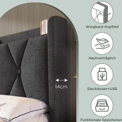Okwish Lit avec rangement 160x200 cm double capitonné avec 4 tiroirs et ports USB, structure lin et bois robuste, gris, sans matelas* Lit Avec Rangement