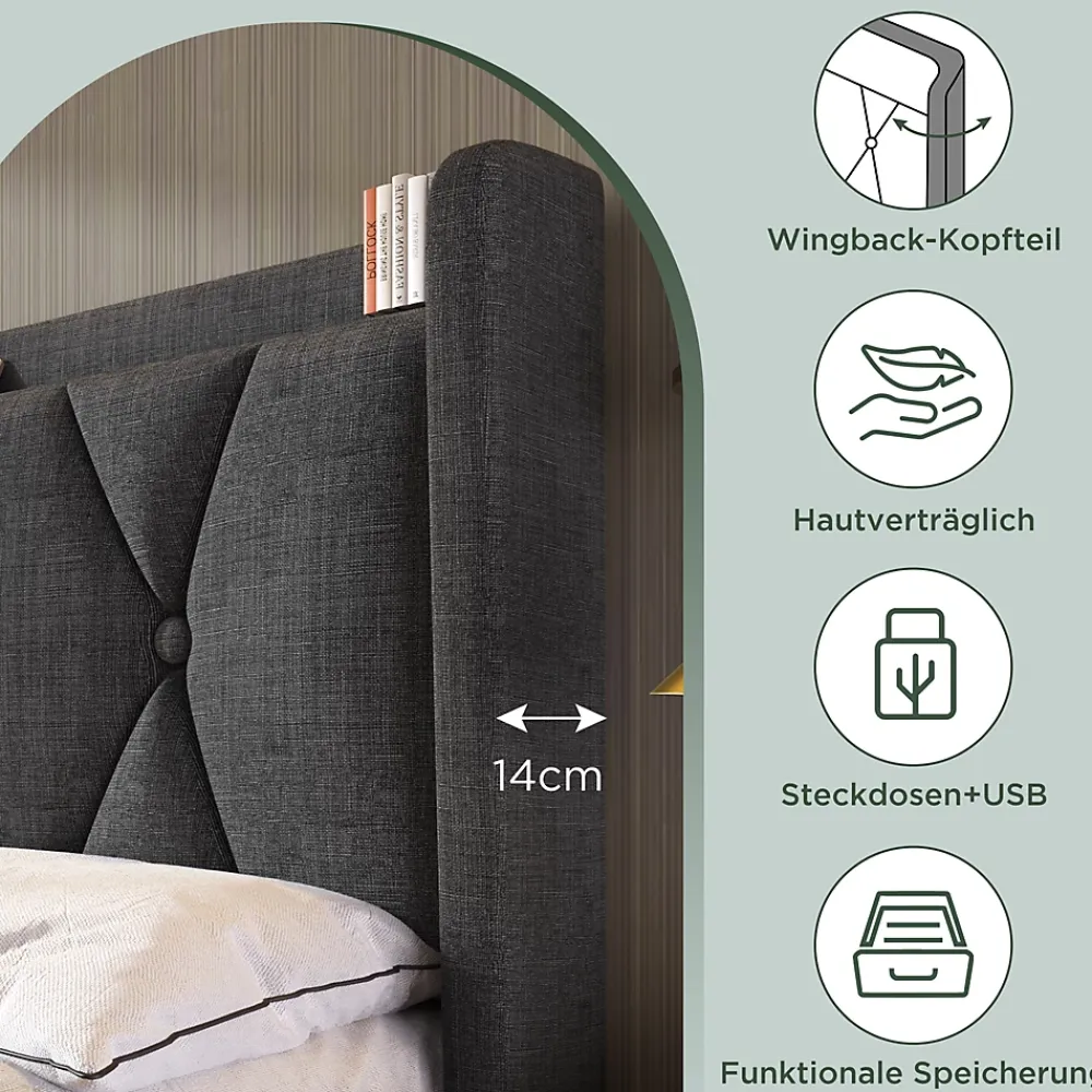 Okwish Lit avec rangement 160x200 cm double capitonné avec 4 tiroirs et ports USB, structure lin et bois robuste, gris, sans matelas* Lit Avec Rangement