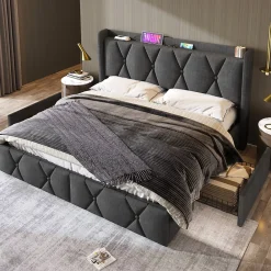 Okwish Lit avec rangement 160x200 cm double capitonné avec 4 tiroirs et ports USB, structure lin et bois robuste, gris, sans matelas* Lit Avec Rangement