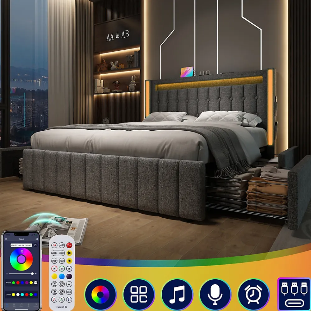 Lit avec rangement 160x200 cm double capitonné avec ports USB-C et LED, 4 tiroirs intégrés, tissu lin gris, sans matelas>Okwish