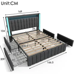 Lit avec rangement 160x200 cm double capitonné avec ports USB-C et LED, 4 tiroirs intégrés, tissu lin gris, sans matelas><noscript><img width=