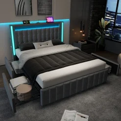 Lit avec rangement 160x200 cm double capitonné avec ports USB-C et LED, 4 tiroirs intégrés, tissu lin gris, sans matelas><noscript><img width=